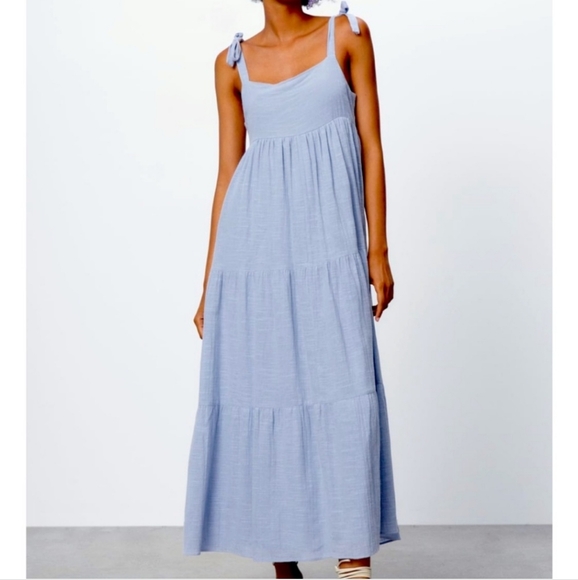 Zara Dresses & Skirts - EUC ZARA Pale Blue Periwinkle Cotton Tiered Strappy Summer Maxi Dress (S) #0390